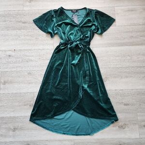 Badgley Mischka Green Glitter Velvet Faux Wrap Dress Womens Petite Medium Pm Nwt